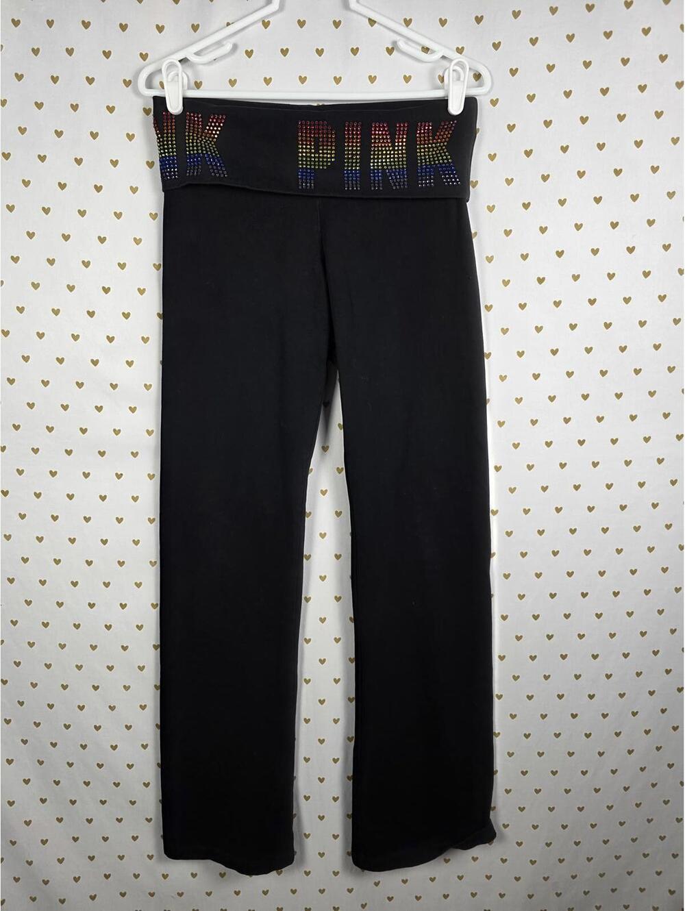 Victorias Secret PINK RAINBOW BLING Studded FOLDOVER Yoga Pants MEDIUM FLARED